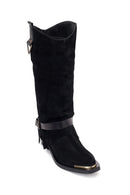 Woman Black Thick-Heeled Suede Leather Cowboy Boots | Derimod