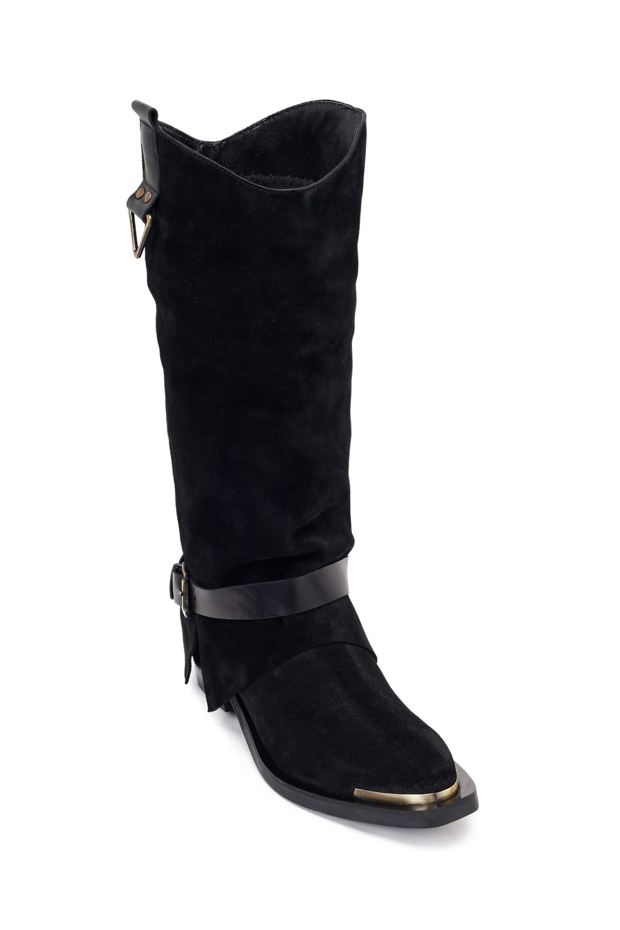Woman Black Thick-Heeled Suede Leather Cowboy Boots