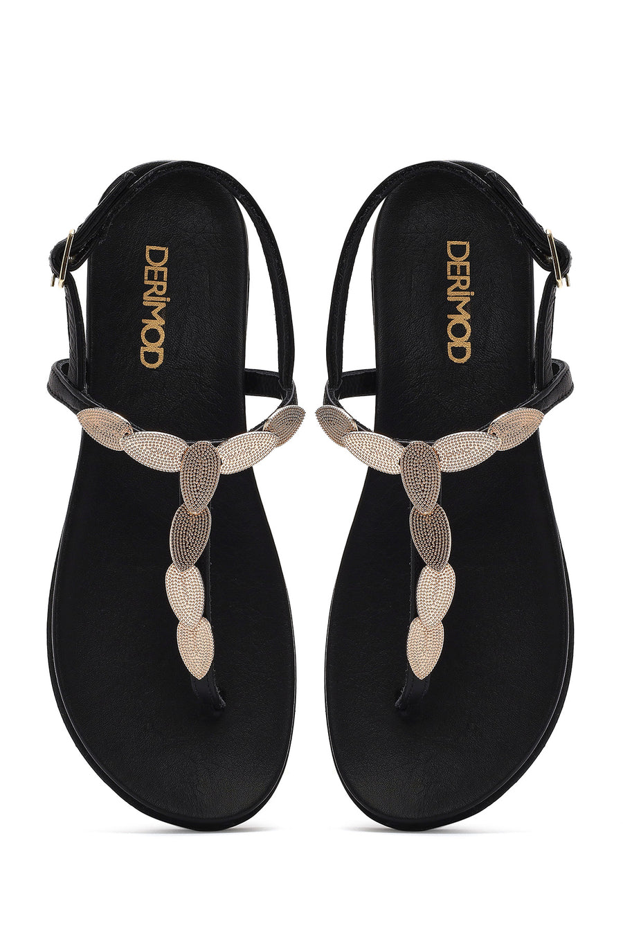 Women's Black Buckle Thong Leather Sandals