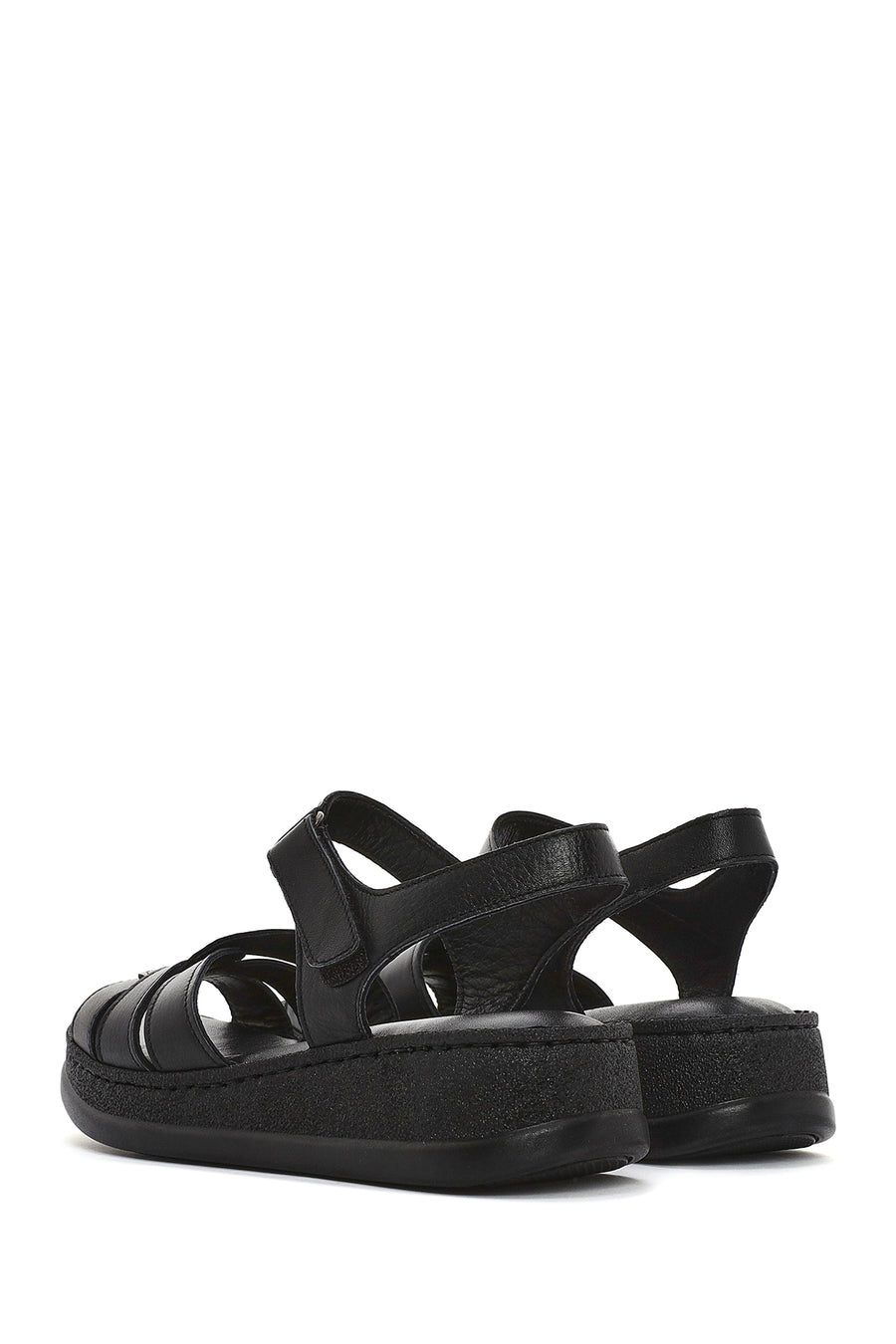 Women's Black Strappy Thick Soled Leather Comfort Sandals