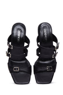 Women's Black Leather Heeled Slippers | Derimod