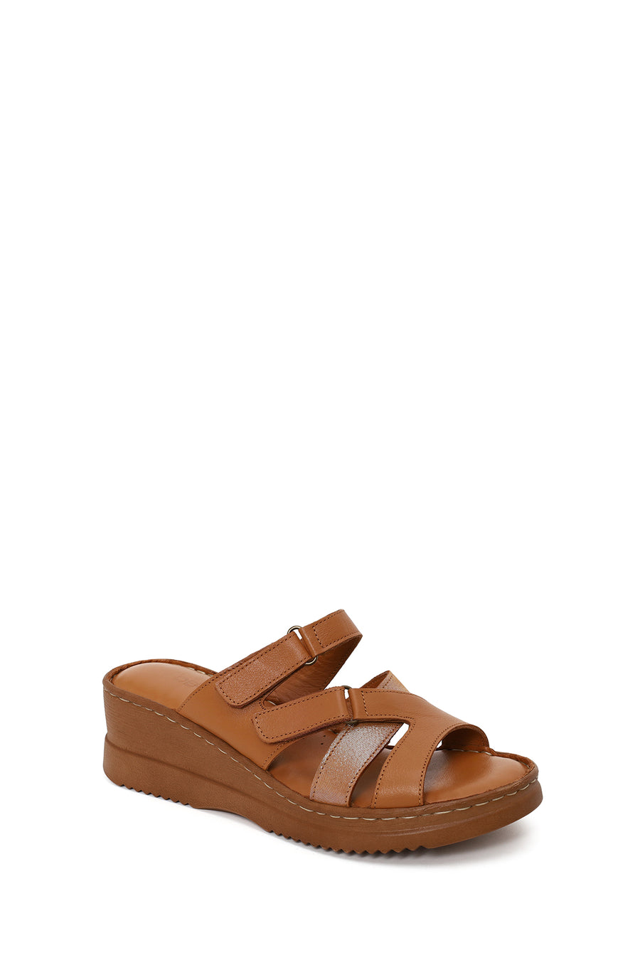 Woman Tan Wedge Heel Leather Comfort Slipper
