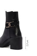 Women's Black Buckle Detailed Zippered Thick Heeled Leather Boots | Derimod