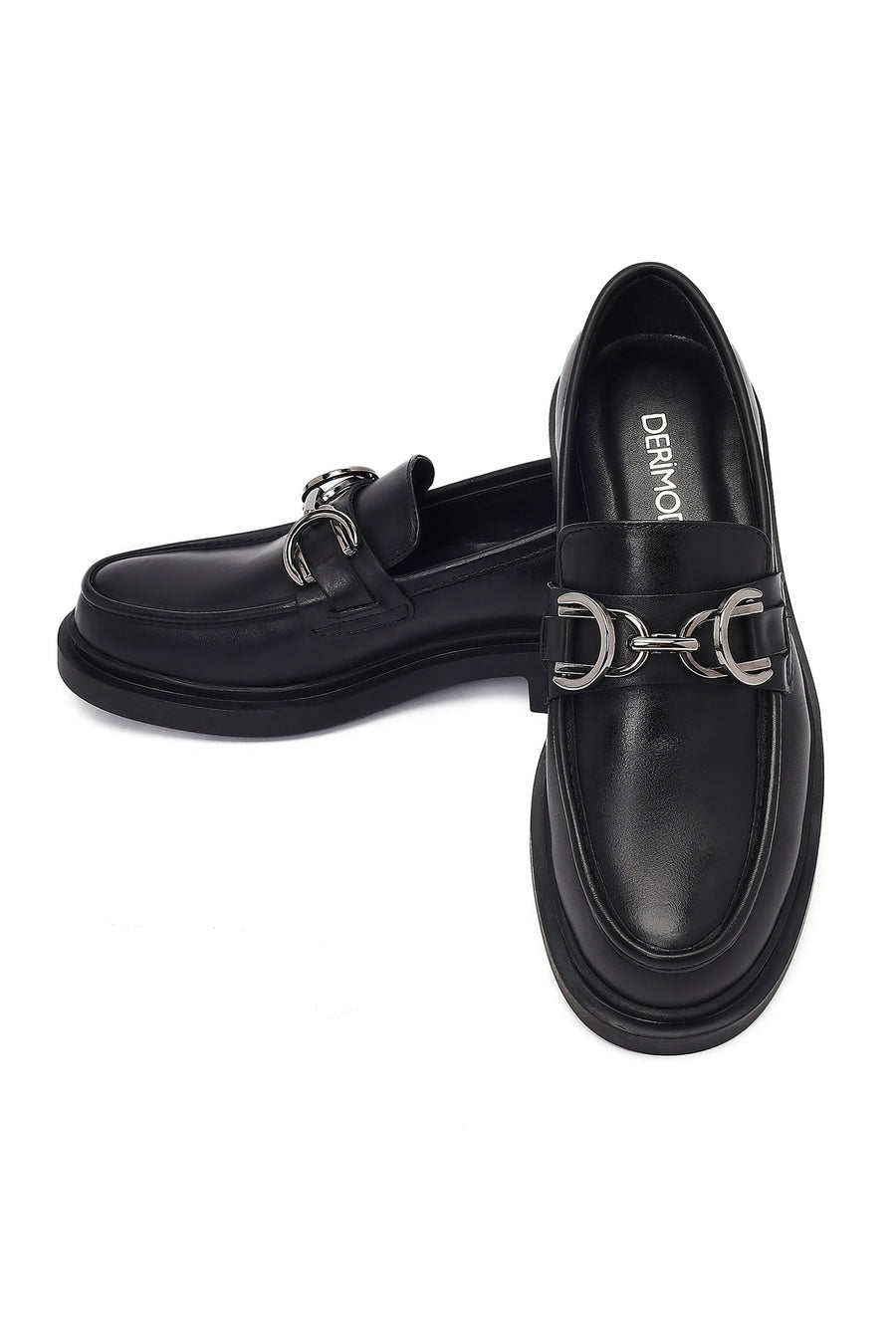 Kadın Siyah Tokalı Deri Maskülen Loafer