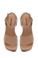 Woman Beige Ankle Buckle Thick Heel Platform Leather Sandals | Derimod