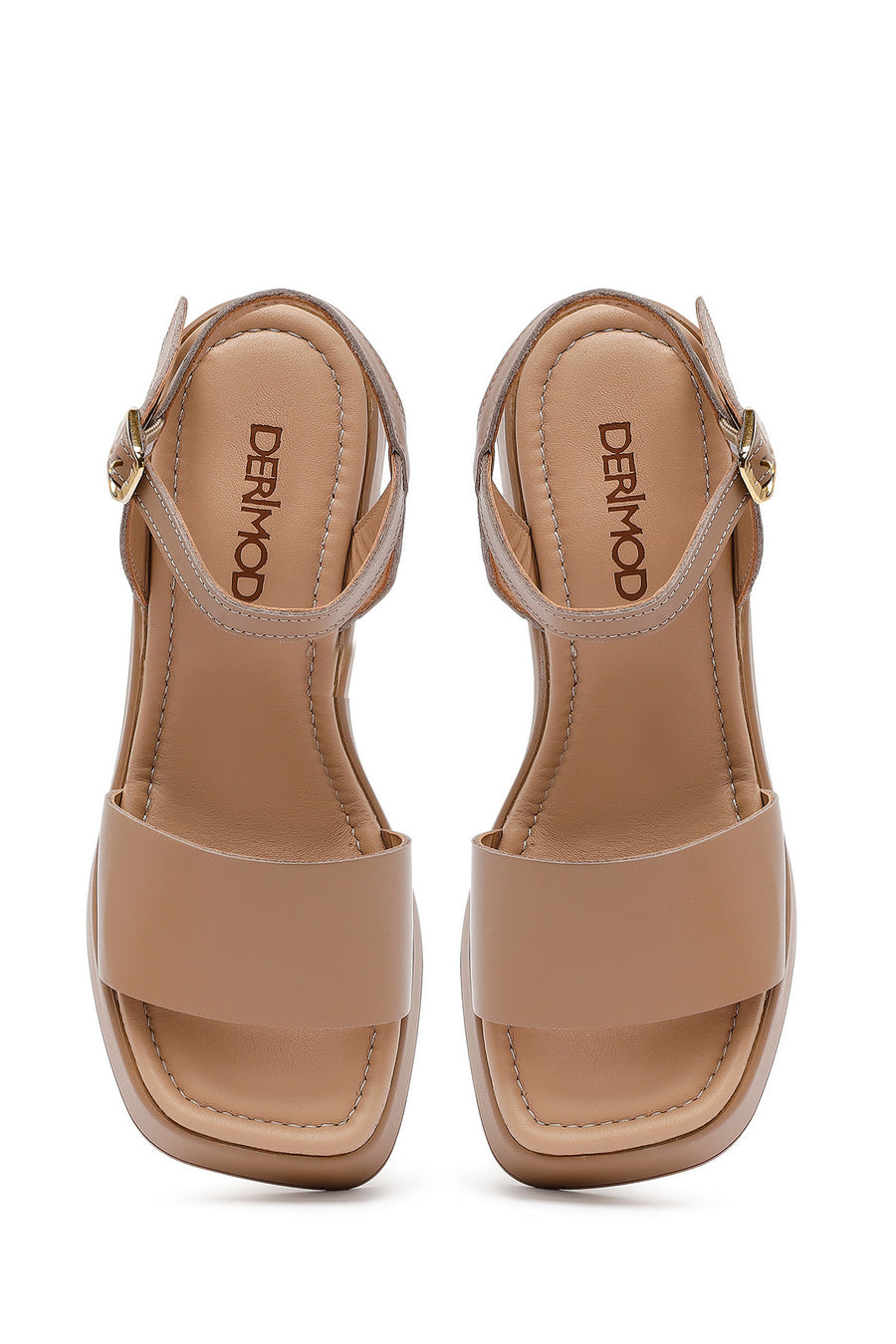 Woman Beige Ankle Buckle Thick Heel Platform Leather Sandals
