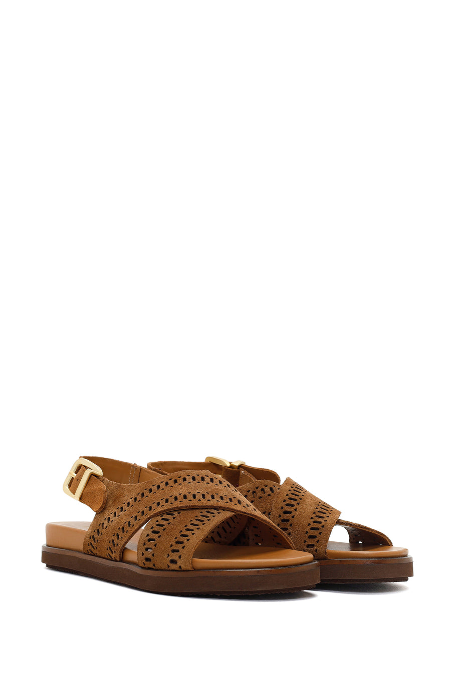 Woman Tan Patterned Suede Leather Sandals