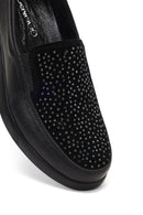 Woman Black Stone-Detail Wedge Heel Leather Comfort Shoes | Derimod