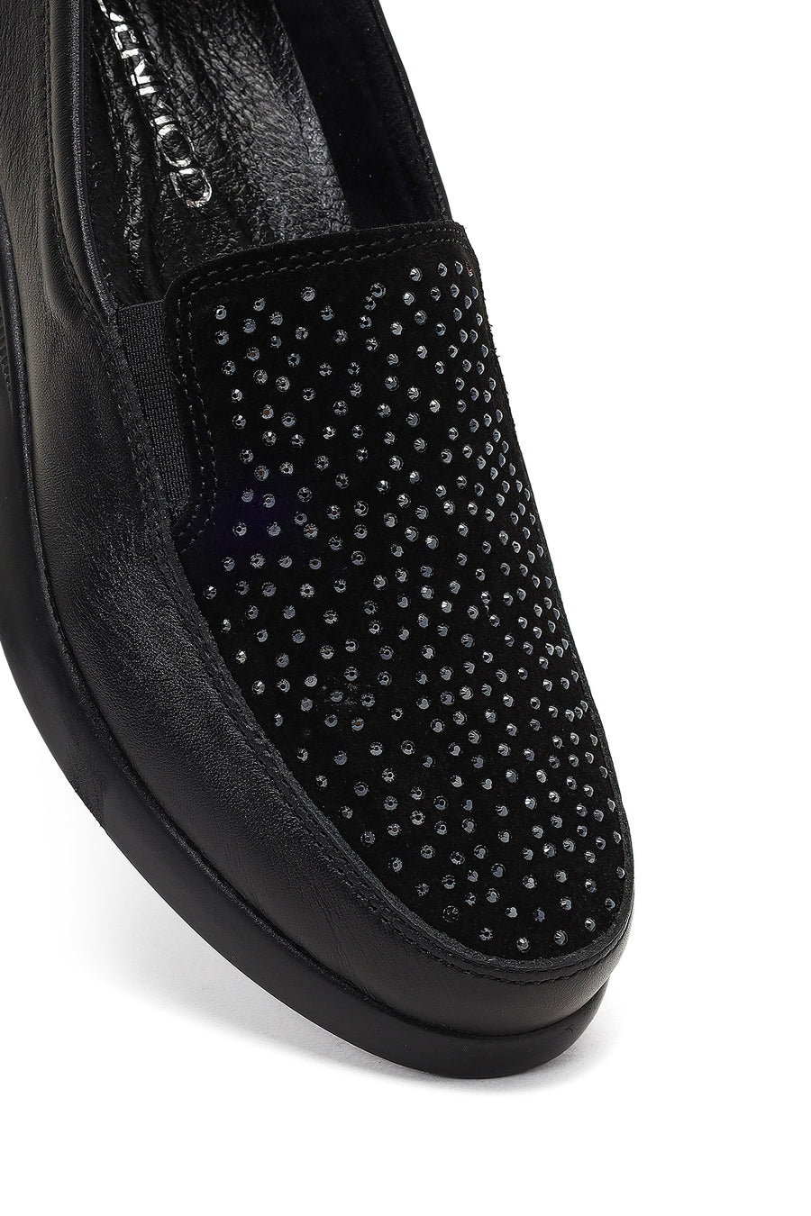Woman Black Stone-Detail Wedge Heel Leather Comfort Shoes