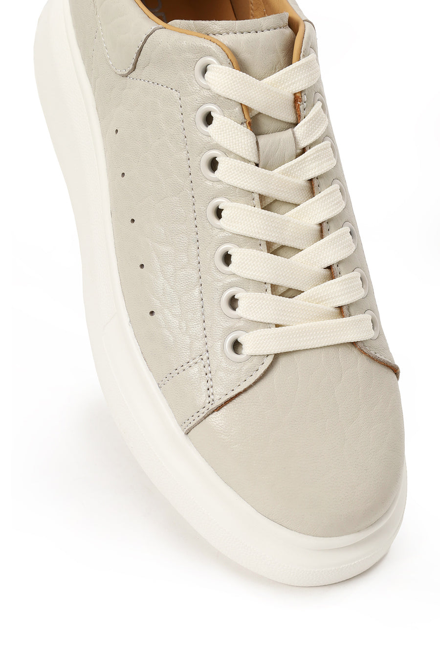 Male White Lace-Up Chunky Sole Patterned Leather Sneakers