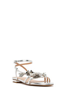 Women's Silver Ankle Buckle Stoned Metallic Sandals | Derimod