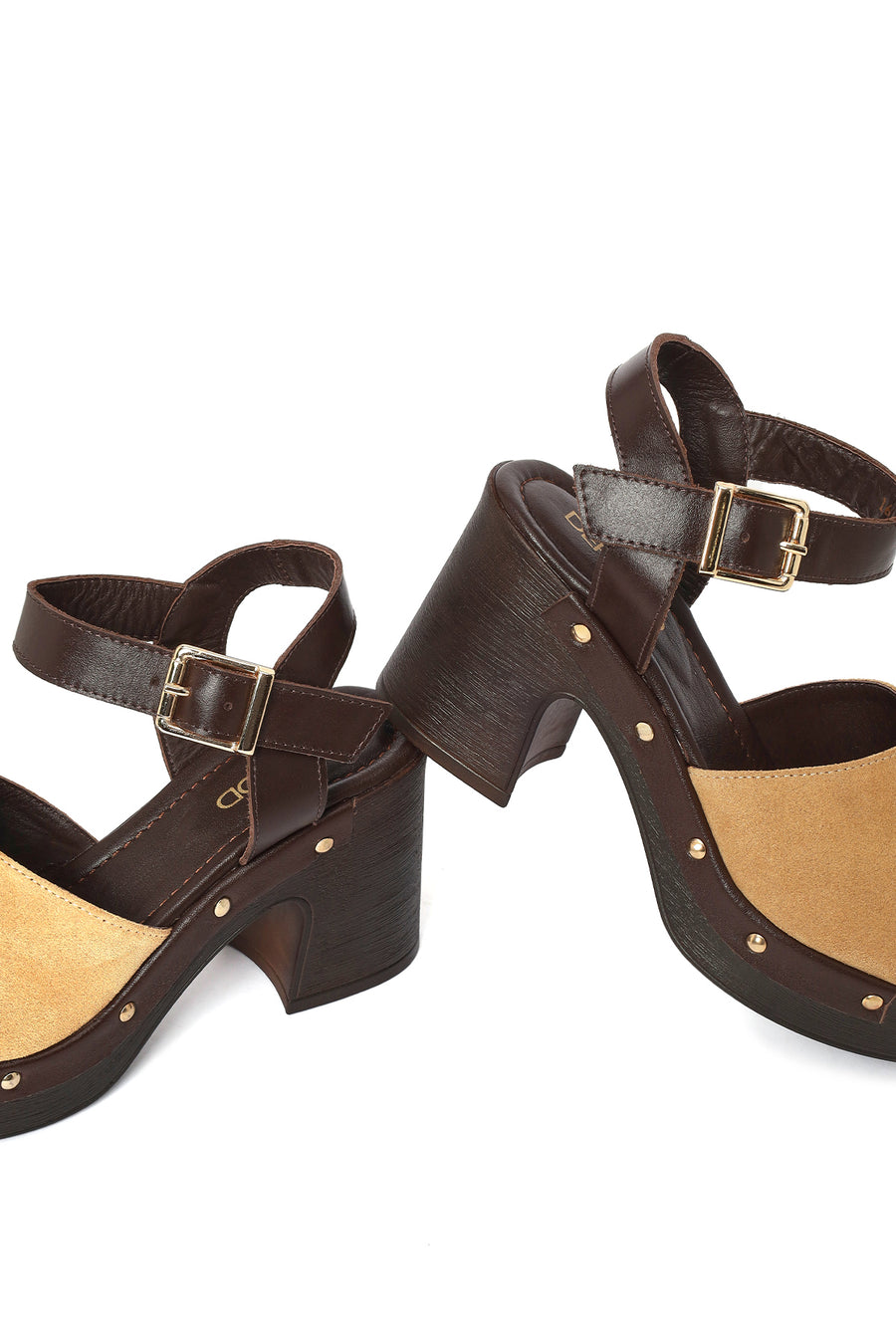 Woman Beige Ankle-Strap Buckled Thick-Heeled Suede Leather Sandals