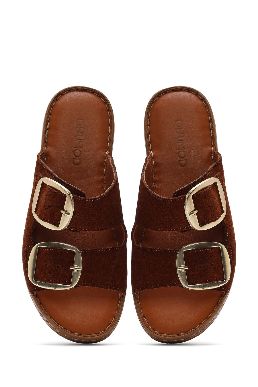 Woman Tan Buckled Suede Leather Comfort Slippers
