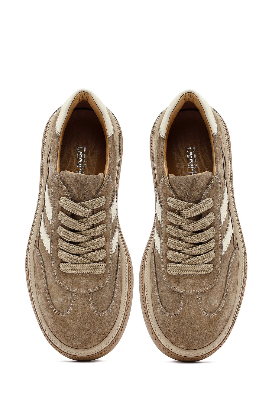 Woman Beige Lace-Up Thick-Soled Suede Leather Sneakers