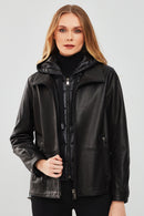 Tyler Women's Black Oversize Double Collar Hooded Leather Coat | Derimod