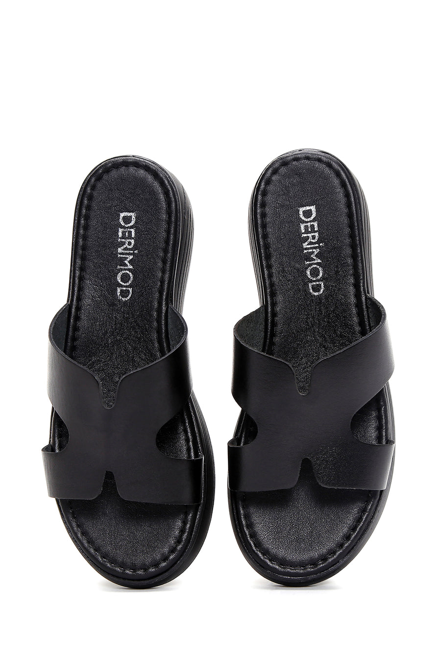Women's Black Thick Soled Leather Slippers
