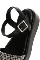 Women's Black Thick Soled Stone Flat Sandals | Derimod