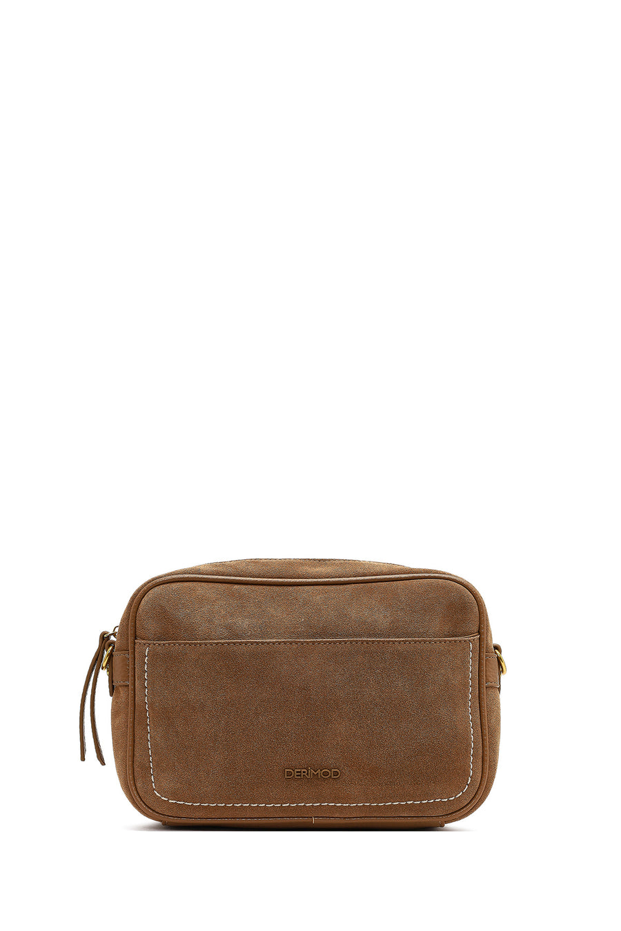 Woman Tan Long-Strap Suede Crossbody Bag