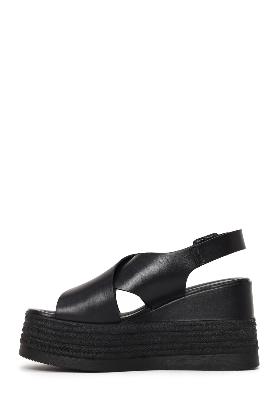 Woman Black Ankle-Buckle Wedge-Heel Leather Sandal