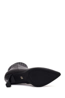 Woman Black Zip Closure Braided Thin-Heeled Leather Boots | Derimod