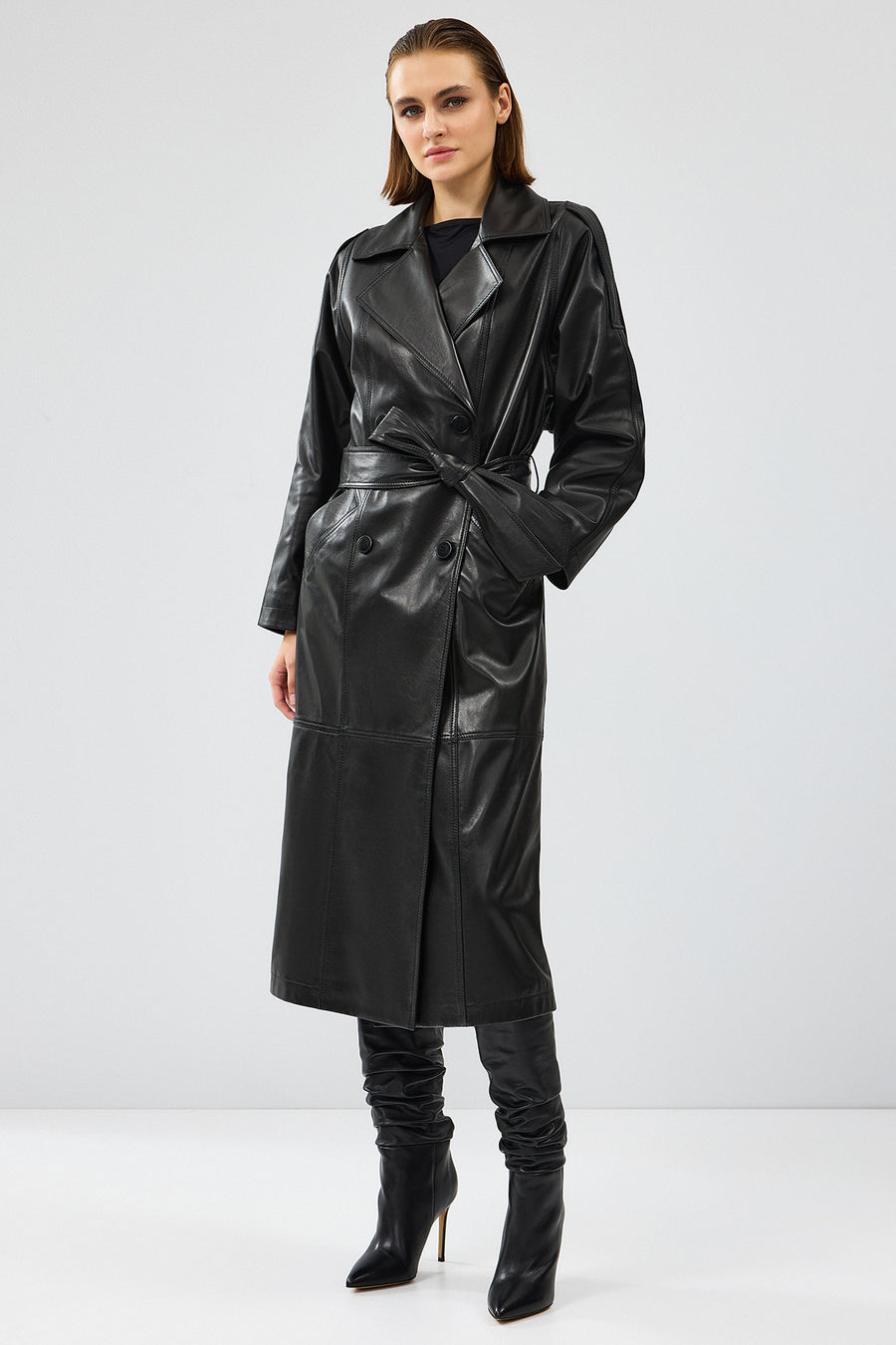 Nicole Women's Black Double Breasted Long Leather Trench Coat