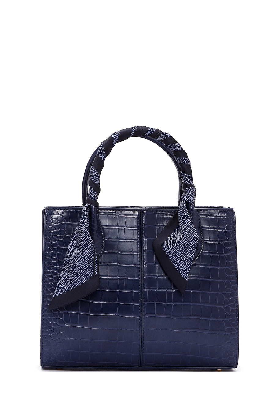Women's Navy Blue Long Strap Crocodile Patterned Handbag with Accessory Detail