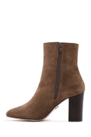 Women's Walnut Suede Leather Heeled Zipper Boots | Derimod