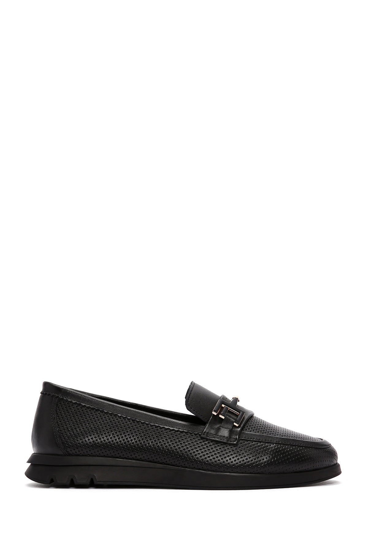 Women's Black Buckle Detailed Leather Comfort Loafer 24SFD152518 | Derimod