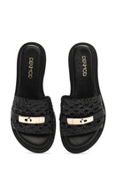 Women's Black Knit Leather Slippers | Derimod