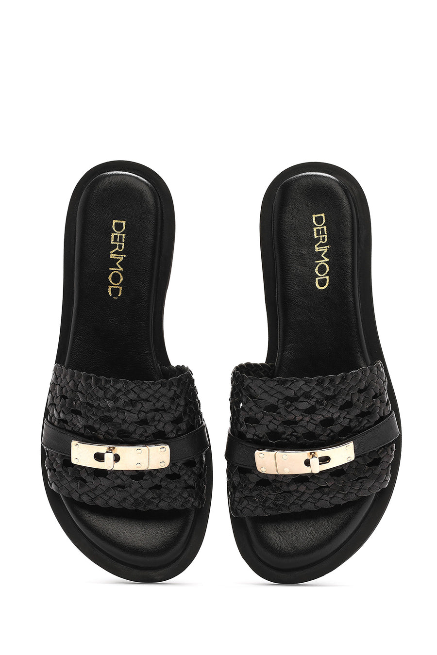 Women's Black Knit Leather Slippers