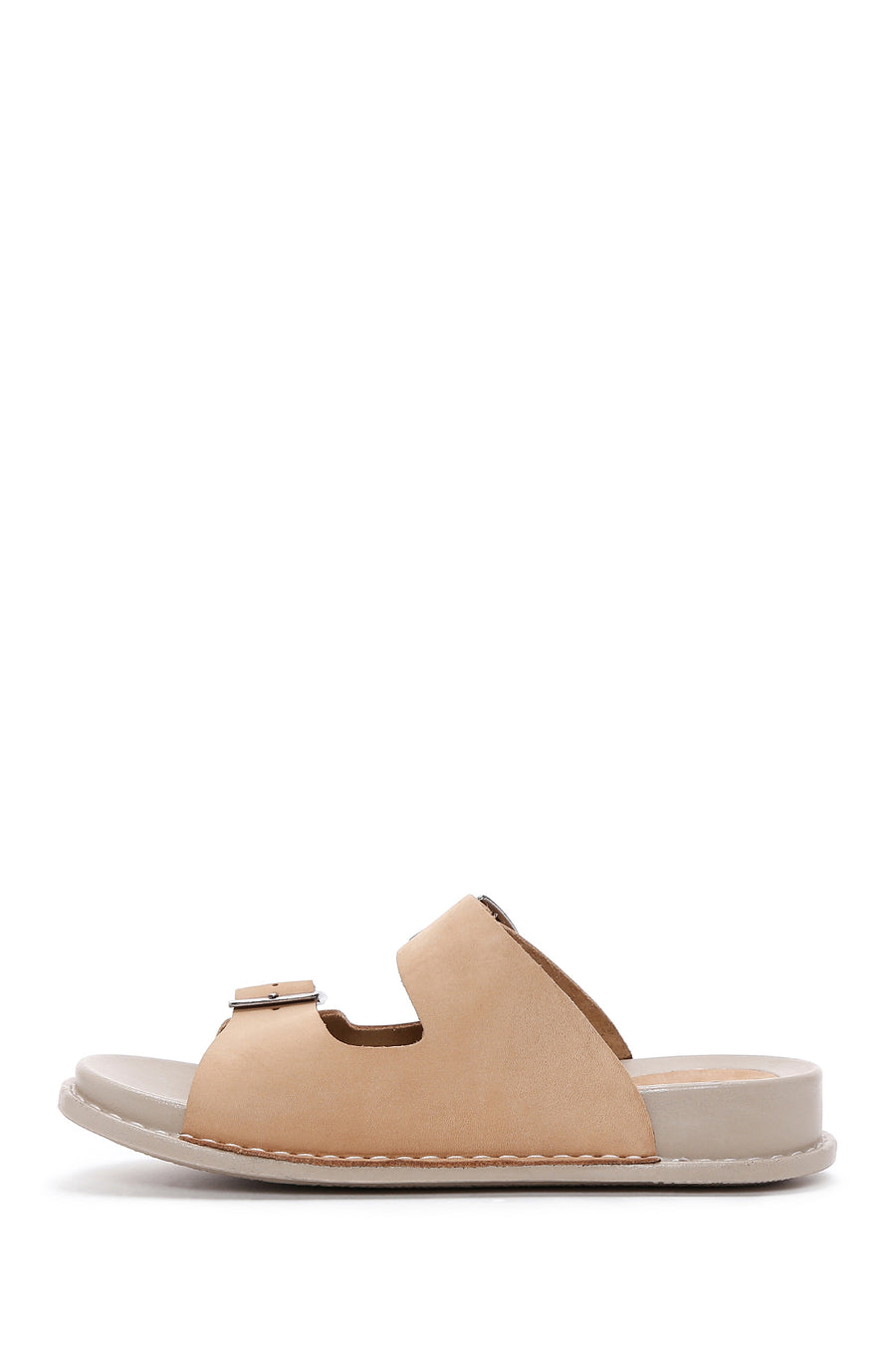 Women's Beige Double Buckled Nubuck Leather Comfort Slippers