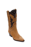 Woman Tan Chunky-Heel Suede Leather Cowboy Boots | Derimod