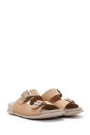 Women's Beige Double Buckle Nubuck Leather Slippers | Derimod