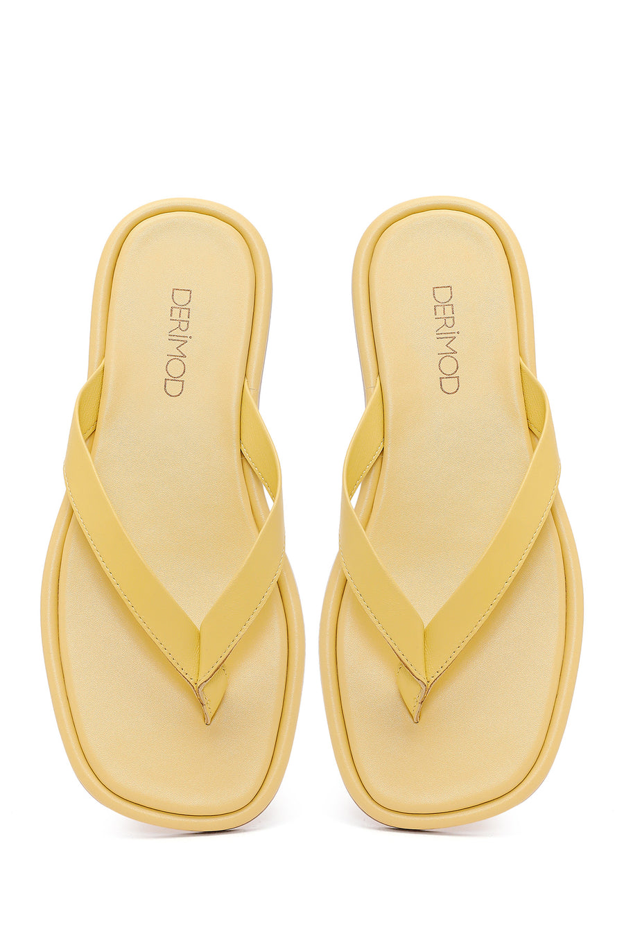 Woman Yellow Leather Toe-Post Slippers