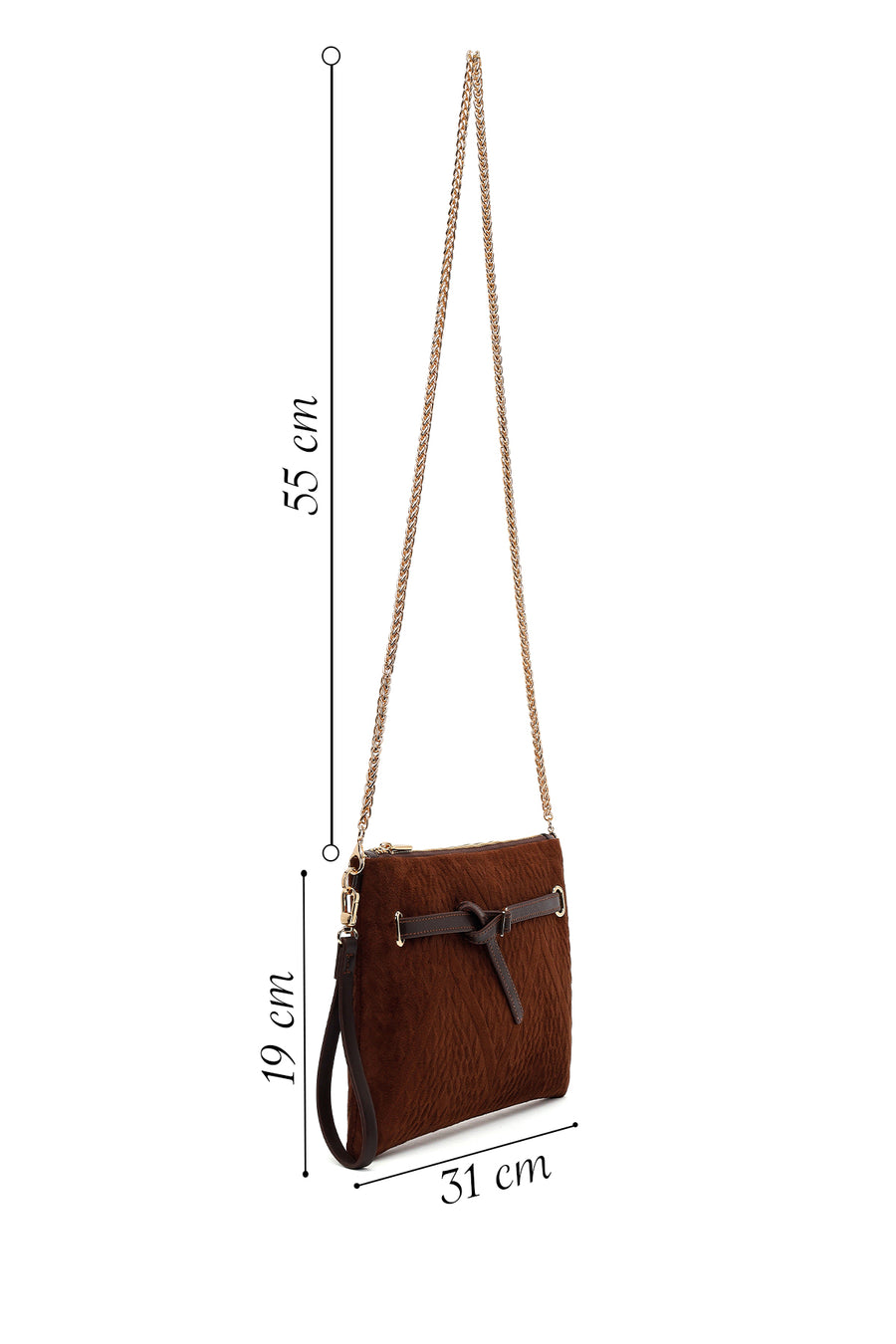 Woman Brown Printed Suede Clutch Bag with Long Chain Strap
