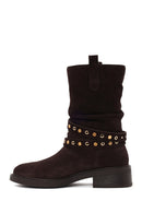 Woman Brown Suede Biker Boots | Derimod