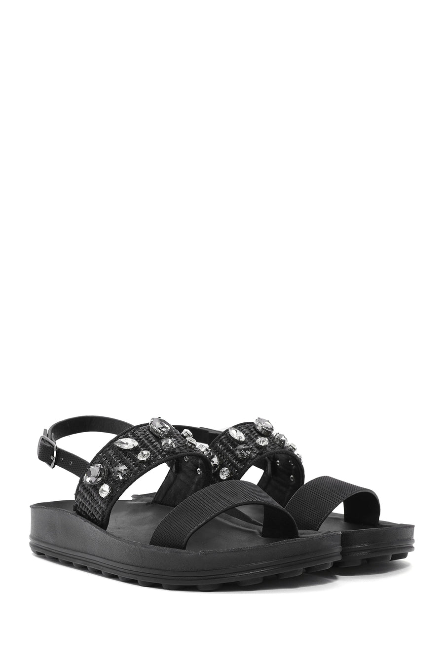 Women's Black Thick Soled Stoned Sandals