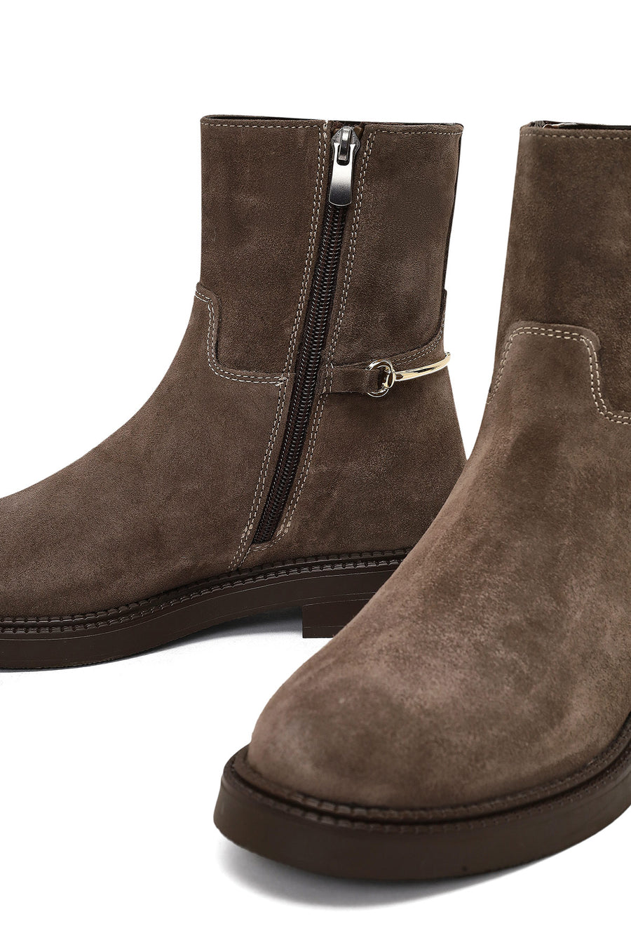 Woman Mink Zip Closure Buckled Suede Boots