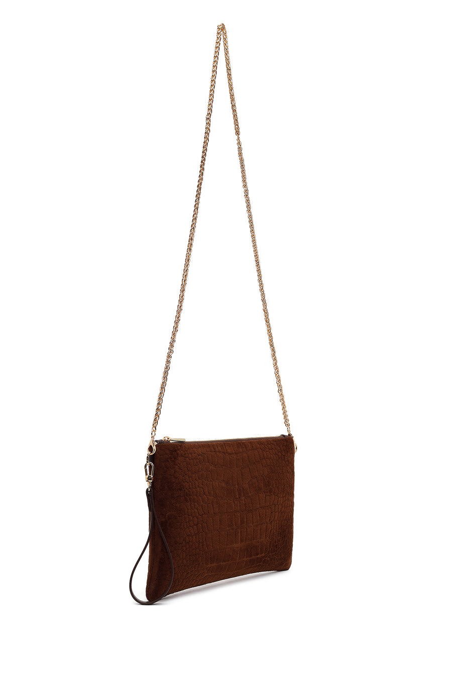 Woman Brown Chain Strap Printed Suede Clutch Bag