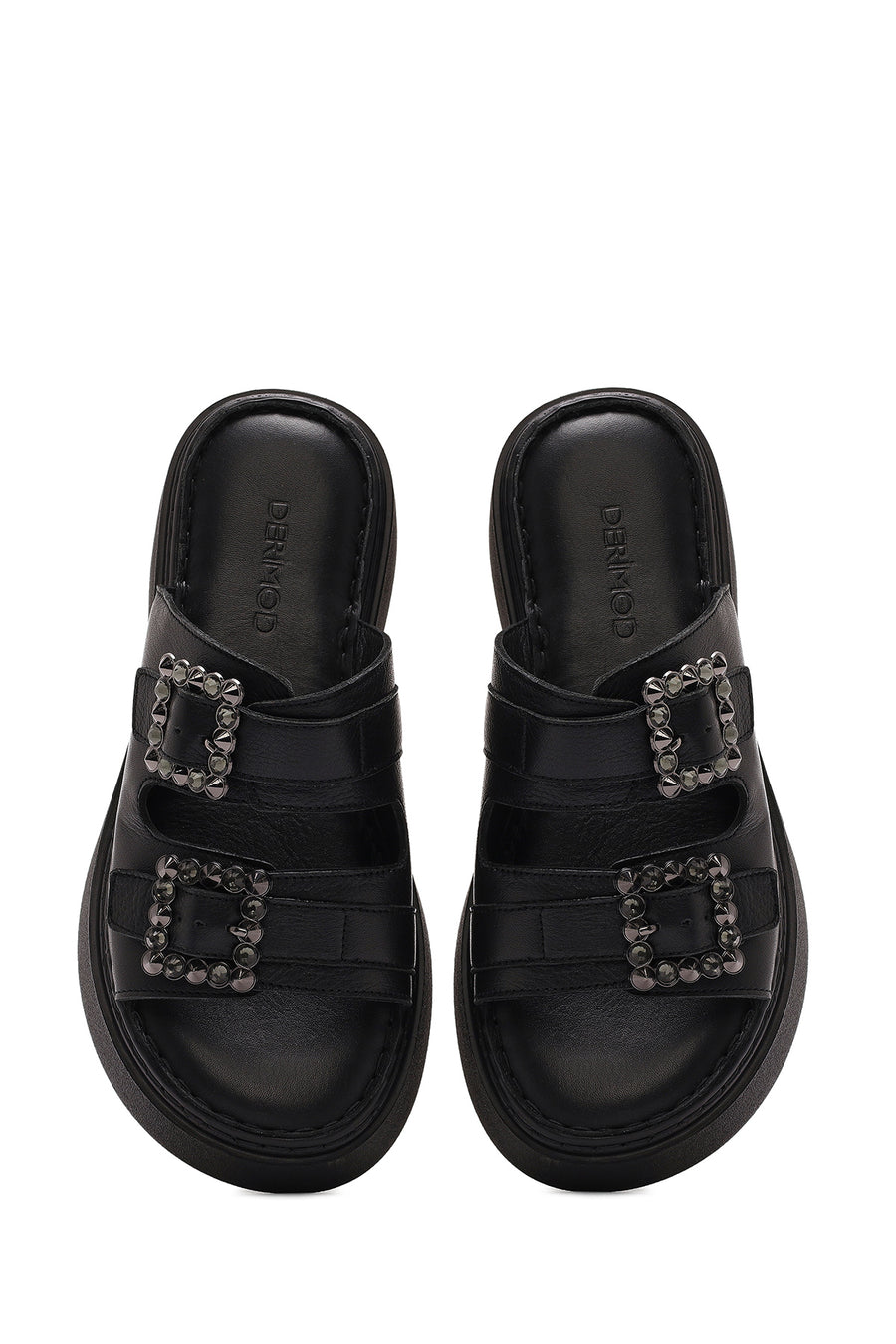 Women's Black Double Buckle Thick-Soled Leather Comfort Slippers