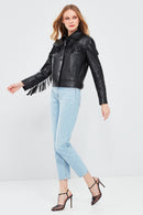 Luna Women's Black Tassel Detailed Leather Jacket | Derimod