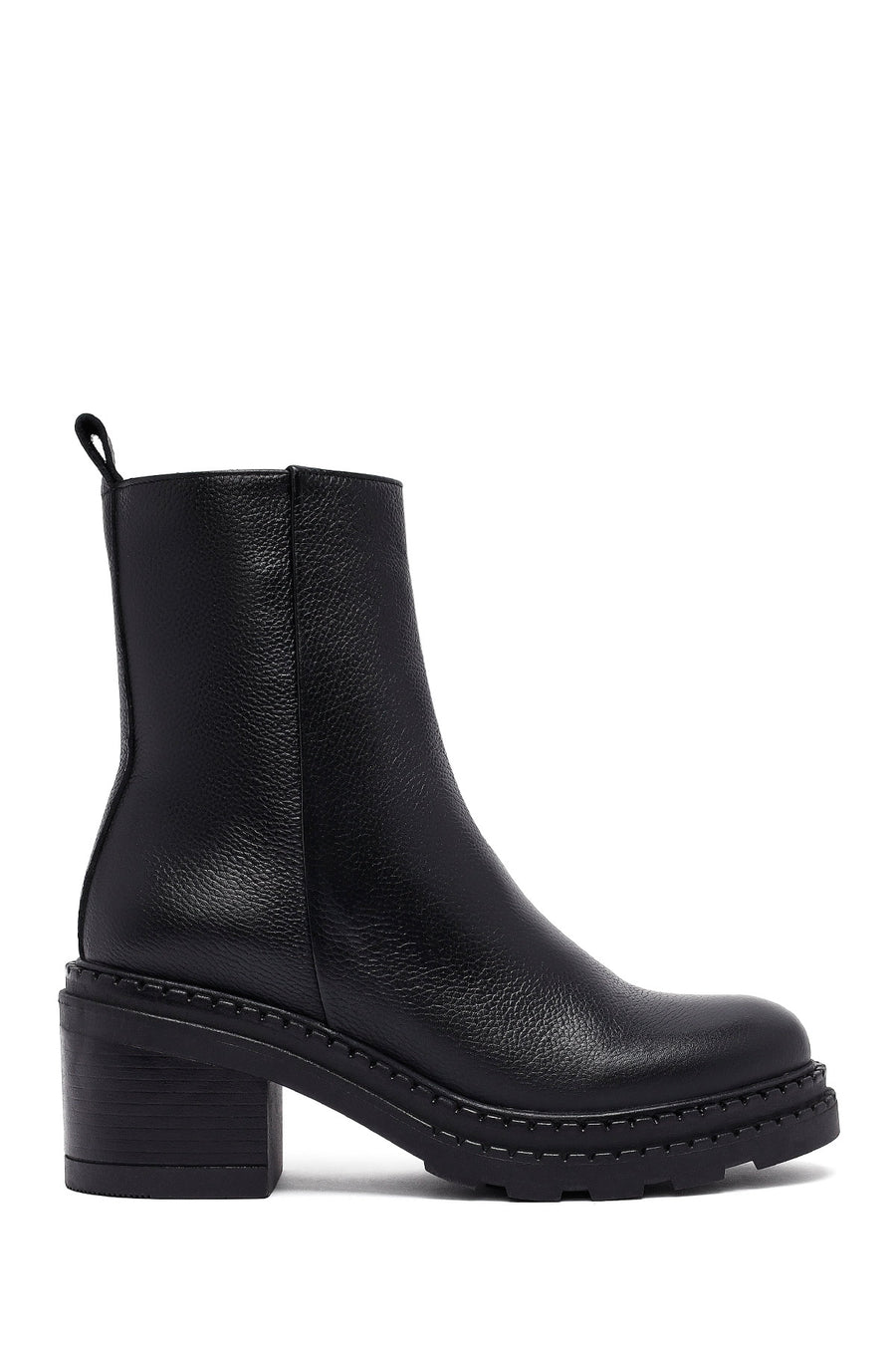 Woman Black Zip Closure Thick-Heeled Leather Boots WF180020DF | Derimod