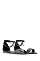 Women's Black Stone Flat Sandals | Derimod