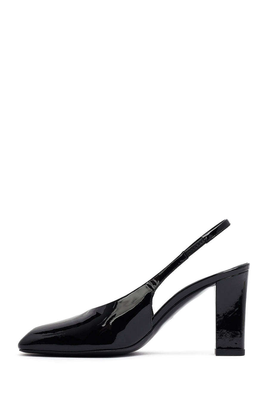 Woman Black Patent Leather Slingback Thick Heel Leather Shoe
