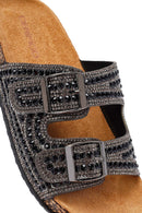 Women's Black Double Buckled Stoned Slippers | Derimod