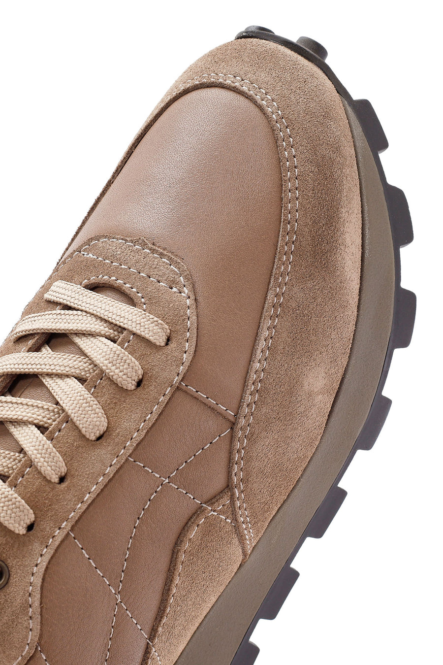 Erkek Vizon Bağcıklı Deri Sneaker