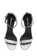 Women's Silver Ankle Strap High Thin Heel Leather Metallic Shoes | Derimod