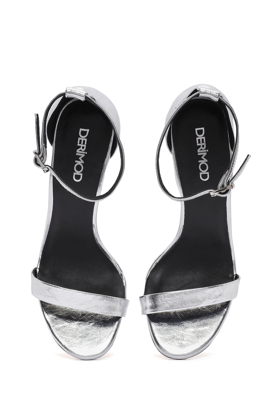 Women's Silver Ankle Strap High Thin Heel Leather Metallic Shoes