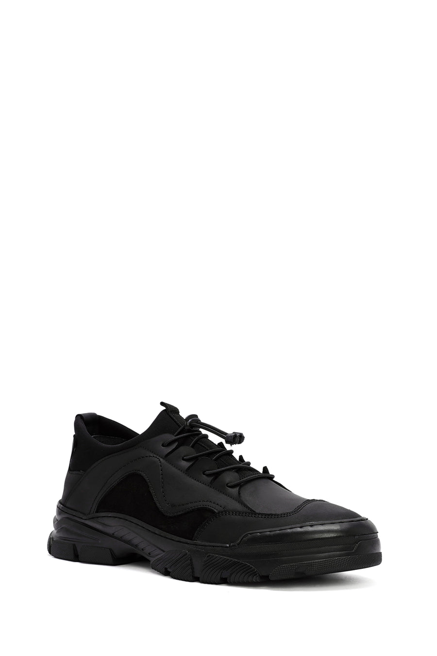 Erkek Siyah Bağcıklı Deri Sneaker