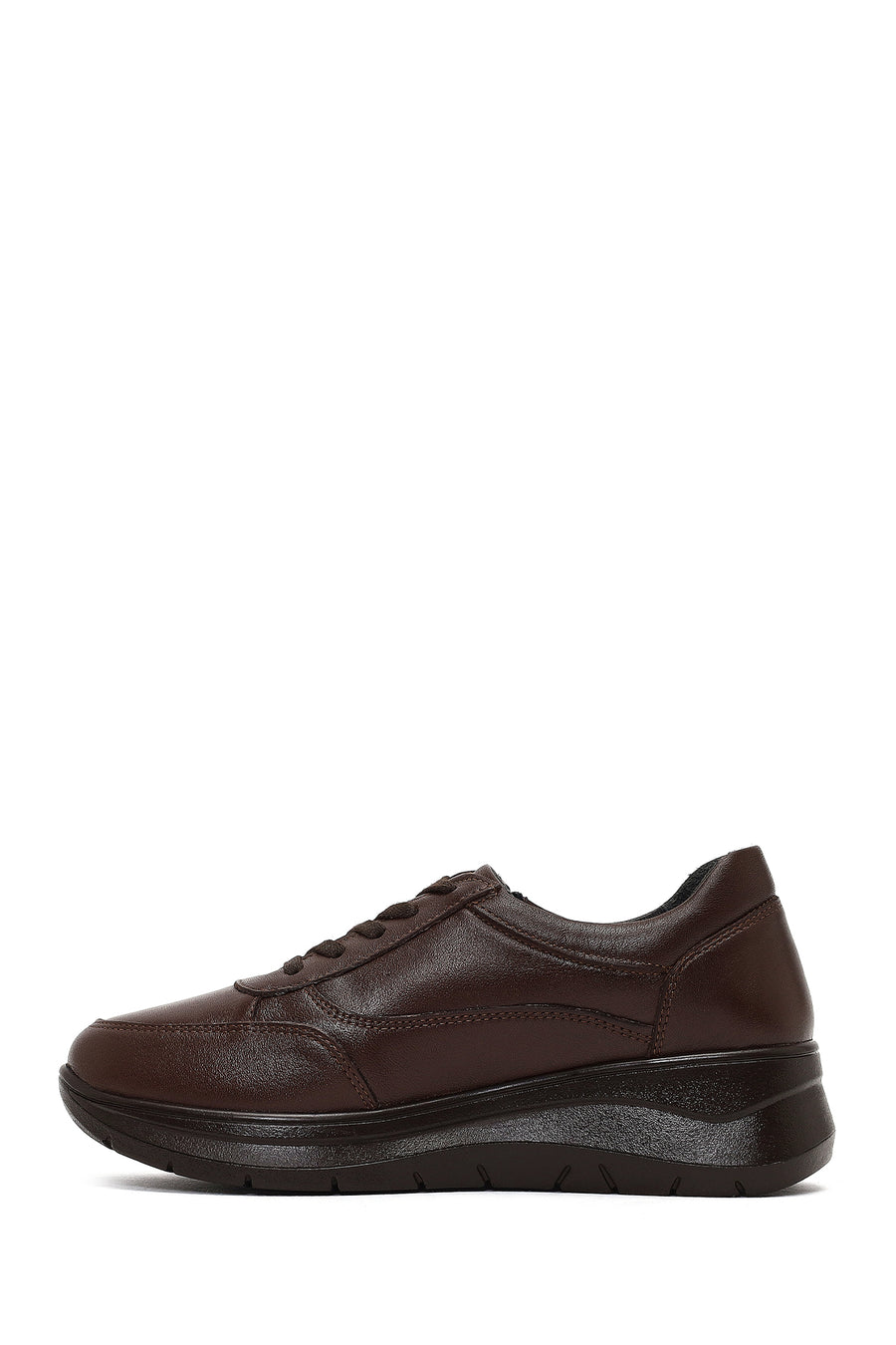 Woman Brown Lace-Up Thick-Soled Leather Sneaker